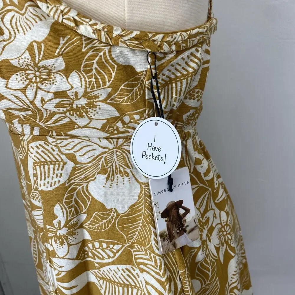 NWT Sincerely Jules Mini Dress Womens M Floral Strappy Tropical Linen Blend - Picture 4 of 13